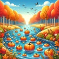 A river scene with floating pumpkins and autumn leaves, creating a whimsical and seasonal image. landscape background, Nature