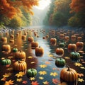 A river scene with floating pumpkins and autumn leaves, creating a whimsical and seasonal image. landscape background, Nature