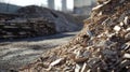 Explore Wood Chips Piles For Manufacturing and Alternative Fuel Use in Sunlight Royalty Free Stock Photo