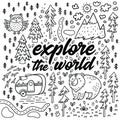 Explore the world cartoon contour map. Comic vector card