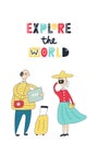 Explore the world - Tourists in the city. Man with a suitcase looks at a map. A woman next to him photographs sights.