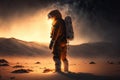 Explorer astronaut in desert on a fantastic planet