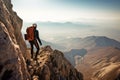 explorer, climbing treacherous mountain side, with view of breathtaking landscape visible