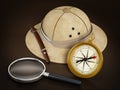 Explorer hat, magnifying glass and vintage compass.. 3D illustration