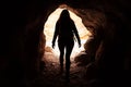 An explorer inside a cave next to the ocean in silhouette Royalty Free Stock Photo