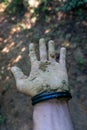 Explorer Male Hand covered in Mud