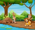 The explorer man with animals in the forest Royalty Free Stock Photo