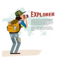 Explorer man with telescope. backpacker character. adventure con