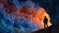 Explorer in a Mystical Cave with Fiery and Icy Rock Formations Royalty Free Stock Photo