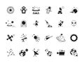 Explorer space icons. Telescope shuttle astronauts in moon and various planets satellites. Vector silhouettes of space