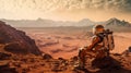 Explorer in Space Suit Looking at Red Desolate Surface on Planet Mars Generative AI
