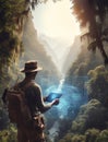 Explorer using tablet with hologram graphics on large tropical forest generative ai illustration art Royalty Free Stock Photo