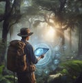Explorer using tablet with hologram graphics on large tropical forest generative ai illustration art Royalty Free Stock Photo