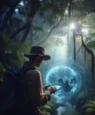 Explorer using tablet with hologram graphics on large tropical forest generative ai illustration art Royalty Free Stock Photo