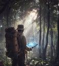 Explorer using tablet with hologram graphics on large tropical forest generative ai illustration art Royalty Free Stock Photo