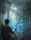 Explorer using tablet with hologram graphics on large tropical forest generative ai illustration art Royalty Free Stock Photo