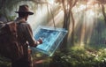 Explorer using tablet with hologram graphics on large tropical forest generative ai illustration art Royalty Free Stock Photo