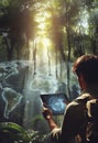 Explorer using tablet with hologram graphics on large tropical forest generative ai illustration art Royalty Free Stock Photo