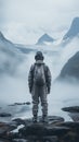 Explorer wearing baggy sportswear, headphones, and a backpack, standing in the misty mountains. Generative AI