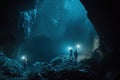 Explorers with headlamps navigating a large, dark, blue cave with rock formations Royalty Free Stock Photo