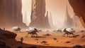 Explorers and Mechanical Beasts on Mars Royalty Free Stock Photo