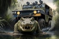Explorers Thrilling Adventure Jeep Safari With Crocs Lurking In The Distance. Generative AI