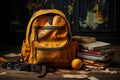 Exploring Adventures: A Muddy Mustard-Colored Backpack on Wooden Desk with Books, an Orange, and Kids\' Explorer Glasses.