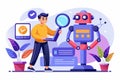 Exploring artificial intelligence through character search with a young user, colorful robot, and modern technology elements in a Royalty Free Stock Photo
