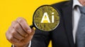 Exploring Artificial Intelligence Through a Magnifying Glass Held by a Business Professional Against a Bright Yellow Royalty Free Stock Photo