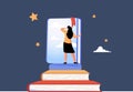 Exploring books and open education door to new knowledge tiny person concept. Reading hobby, relaxation with literature