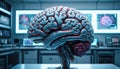 Exploring brain science in a high-tech laboratory with advanced neural imaging systems and digital displays