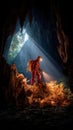 Exploring a cavern: Person with a helmet and headlamp venturing into a large cave illuminated by sunbeams and holding a Royalty Free Stock Photo