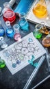 Exploring Chemical Reactions, A Colorful Journey Through Science Experiments with Solutions and Erlenmeyer Flasks, Royalty Free Stock Photo