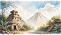 Exploring Chichen Itza Landscape Watercolor Illustration with Pyramid and Buildings Royalty Free Stock Photo