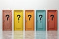 Exploring choices five colorful doors with question marks symbolizing search for answers and paths Royalty Free Stock Photo