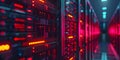 Exploring Cloud Computing Technology: A Close-up of a Server Room with Rows of Servers and Blinking