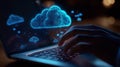 Exploring cloud computing technology on a laptop with glowing cloud graphics at night