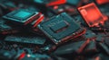 Exploring a collection of discarded computer chips in a dimly lit setting. Generative AI Royalty Free Stock Photo