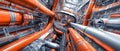 Exploring a complex mechanical system with intricate pipes and components in vibrant red and gray tones Royalty Free Stock Photo