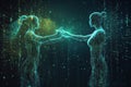 Exploring connection in an abstract digital realm with human silhouettes and floating matrix code. Generative AI