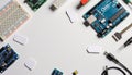 Exploring creativity with electronics and circuit boards in a bright workspace setup Generative AI Royalty Free Stock Photo