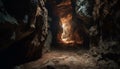 Exploring dark underground grotto, spelunking adventure reveals majestic rock formations generated by AI