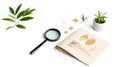 Exploring Data Analysis: Opened Book with Magnifier, Pie Charts, and Line Graph