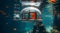 Exploring the deep luxurious private submarine glides amidst colorful ocean fish