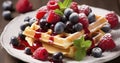 Exploring the Delectable Union of Crispy Waffles and Succulent Berries. Generative AI