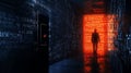 Exploring the digital frontier a silhouette of a person navigating a high-tech corridor of codes and data streams