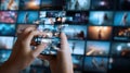 Exploring Digital Media Through a Smartphone in a Visually Dynamic Setting With Multiple Screens Displaying Content Royalty Free Stock Photo