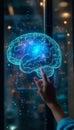 Exploring the Digital Mind A Hand Touches a Holographic Brain Visualization, Neural Networks