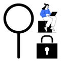 Exploring Digital Security with Magnifying Glass, Padlock, and Woman Using Laptop Royalty Free Stock Photo
