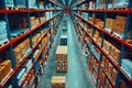 Exploring the Efficient Organization of a Modern Warehouse, Rows of Pallet Racks Filled with Cardboard Boxes, Org